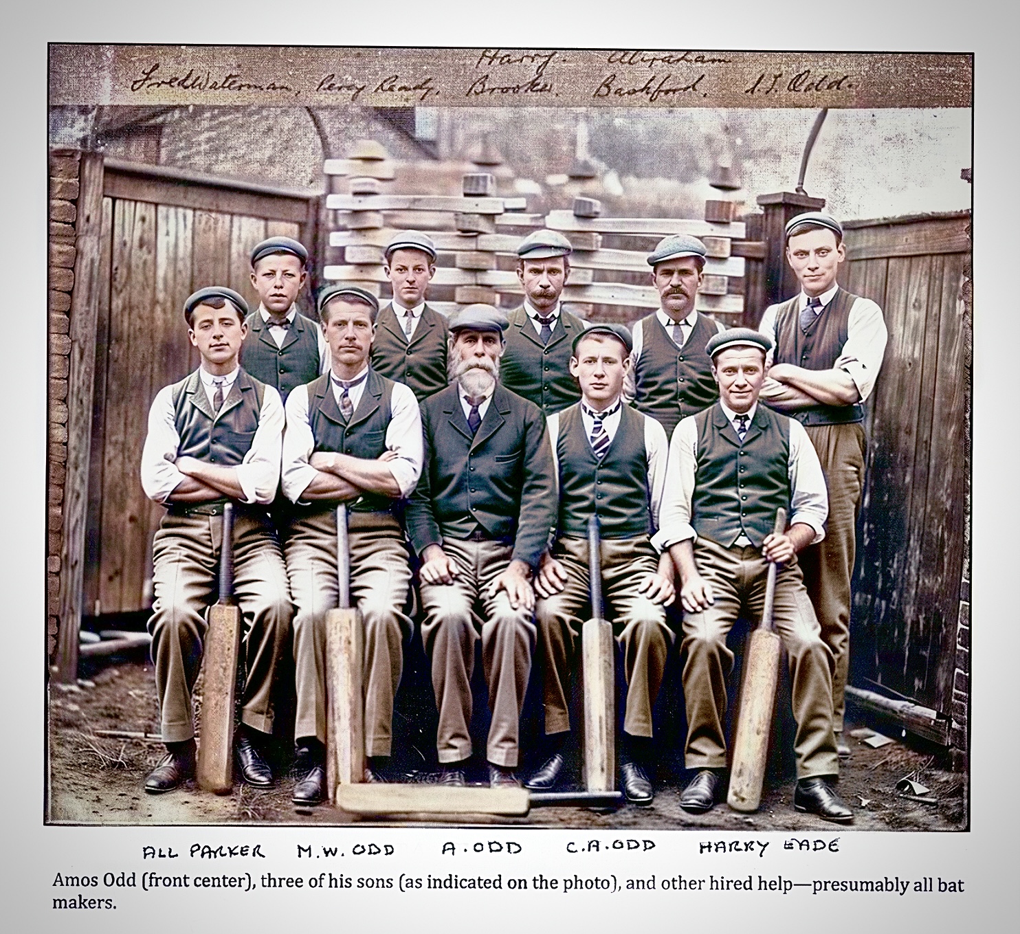 Historical group photograph identifying Amos Odd, three of his sons, and other cricket-bat makers
